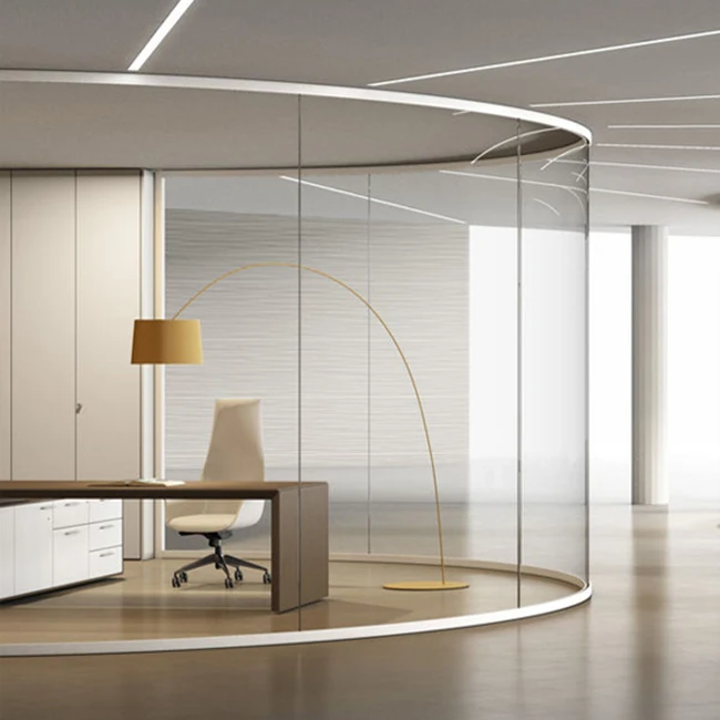 Decorative 12mm Vertical full view interior glass curved frameless clear transparent glass partition wall