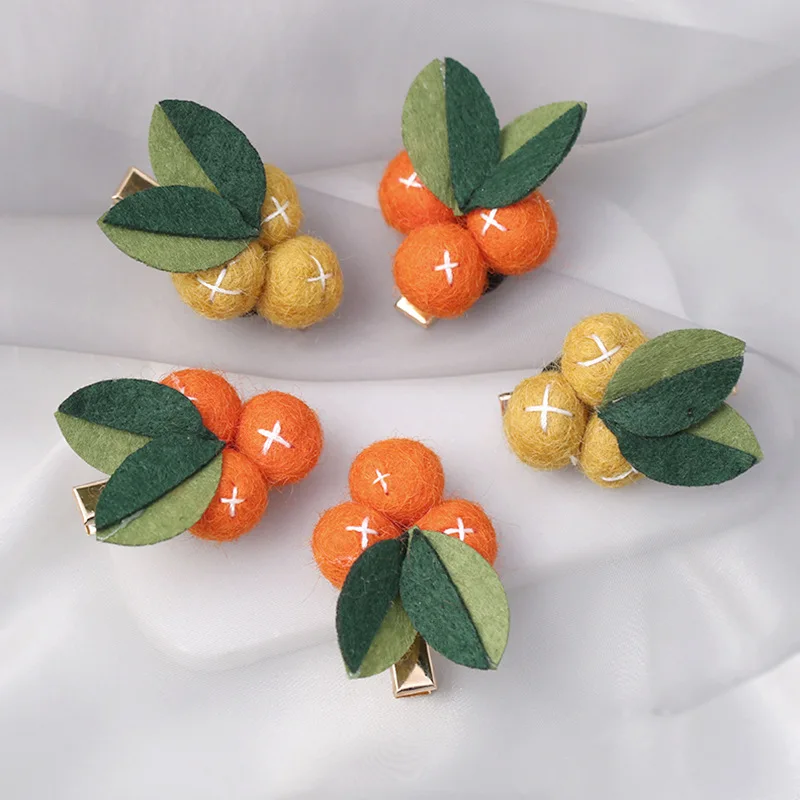 Small Orange Baby Girl Hair Clips Wool Felt Pom Poms Ball Fruit Leaves Hairpins Handmade Barrettes Hairgrips Hair Accessories
