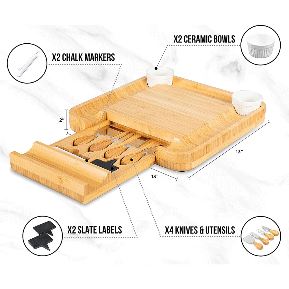 Bamboo Cheese Board Set Magnetic Slide-Out Drawers Charcuterie Plate Set With Ceramic Bowls And Cutlery Knife