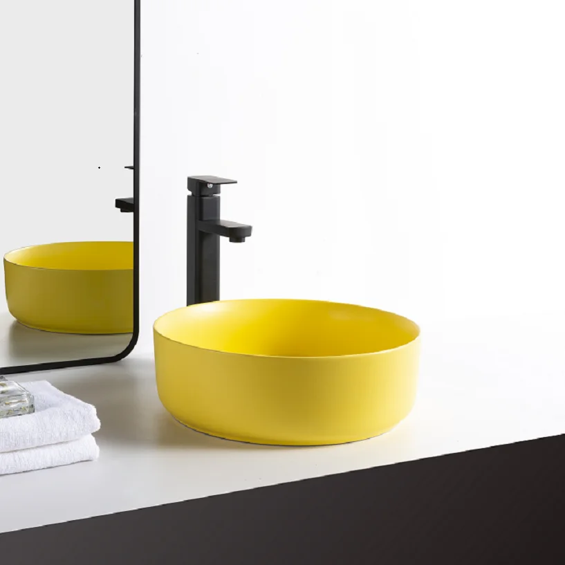 Современная матовая желтая круглая художественная раковина, керамическая раковина для умывальника