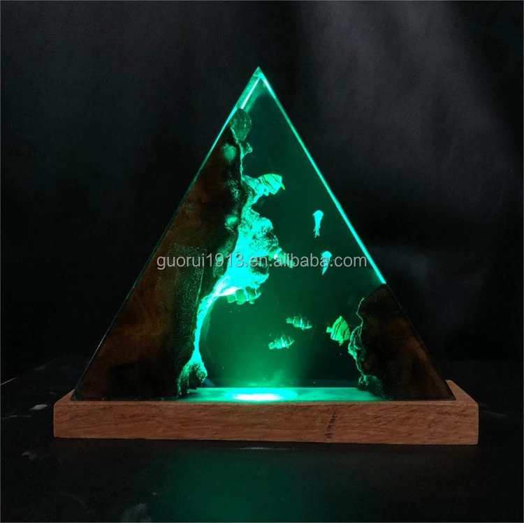 Hot selling DIY triangle wood resin ocean style night light 3D Jellyfish diver handmade lamp LED decoration gift light