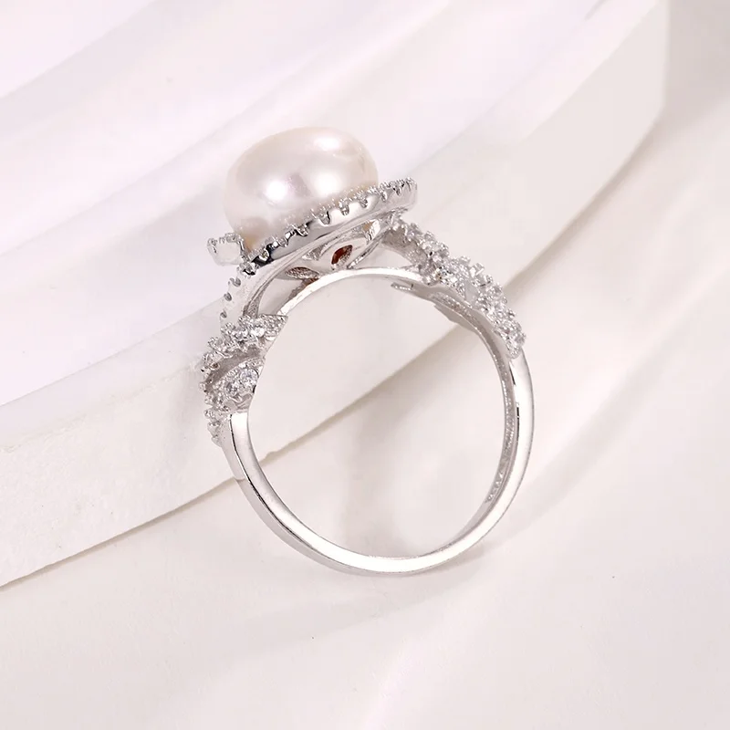 Kammy 9.5-10mm Custom Entanglement Zircon Gold Plated Luxury Dainty Natural Freshwater Pearl Wedding Engagement Rings For Women
