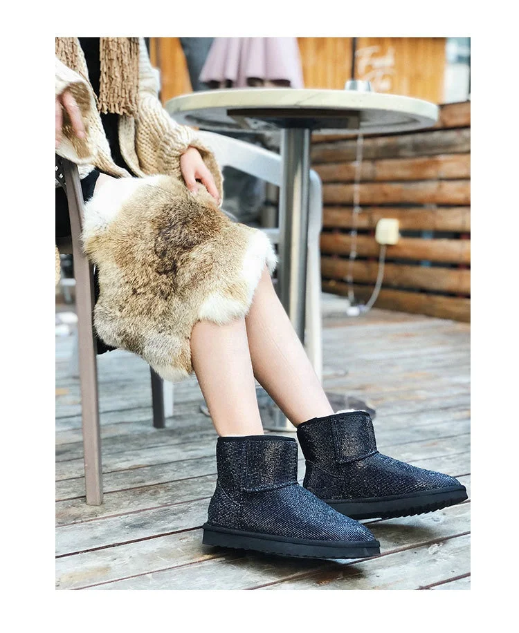 Handmade Crystal Warm Winter Boots Women Furry Snow Boots Bling Rhinestone Ankle Boots
