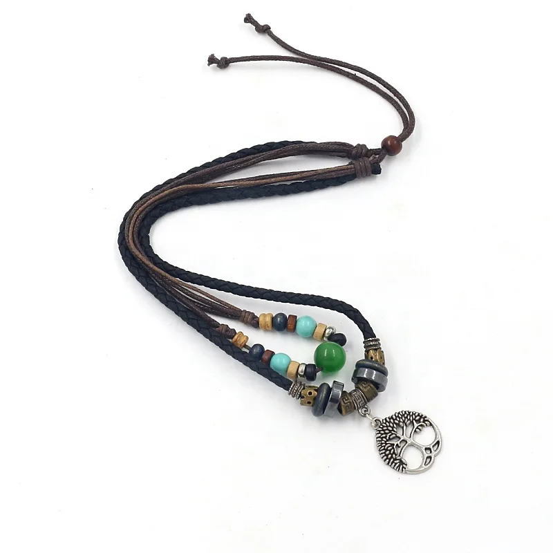 European and American Jewelry Woven Natural Stone Beaded Necklaces Tree Pendant Necklace Men