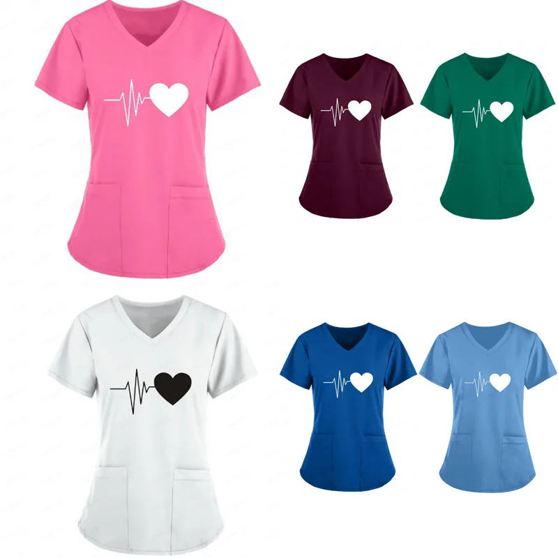 Fashionable Design Cotton Polyester Uniforms Beautiful Hospital Scrubs Women Nurse heart Printed Scrub Top