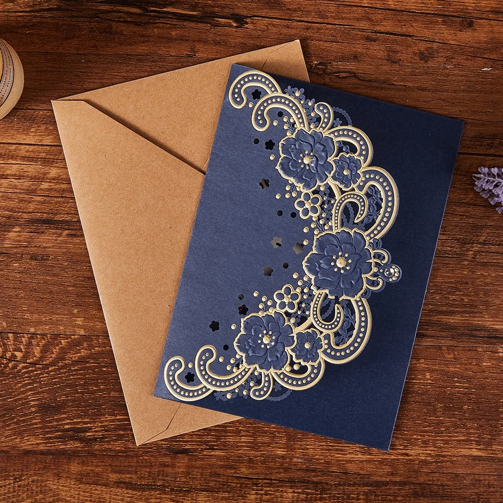 Navy blue envelope pocket embossed floral wedding card cover custom luxury invitation