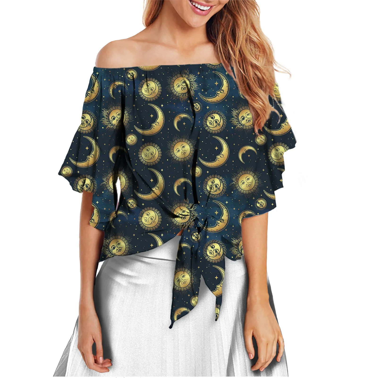 
Fancy Sun Moon Print Blouse Tops for Women Trendy Fashion Off The Shoulder Shirts Bell Sleeve Tie Knot Summer Short Sleeve 