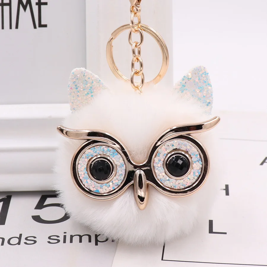 Wholesale Cute Owl Pom Fluffy Pom Plush Keychain Key Ring Faux Fur Ball For Girls Women Bag Accessory