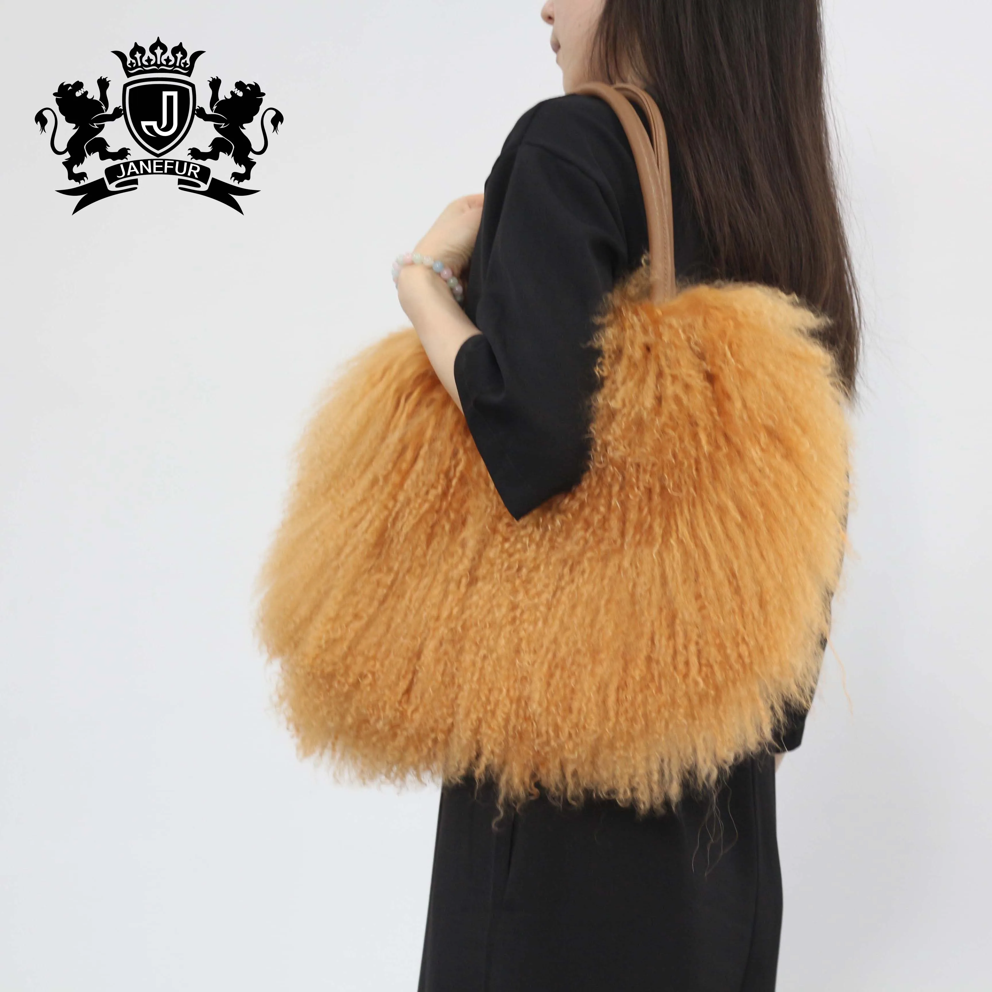 Factory Direct Wholesale Lady Fashion Handbag Black Mongolian Lamb Fur Bag