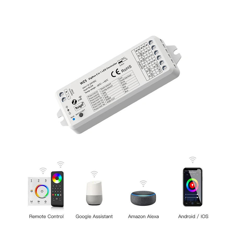 Лидер продаж беспроводной светодиодный контроллер WZ5 5 в 1 Philips HUE Tuya APP zigbee 3 0 RF регулятор света Zigbee для RGB RGBW CCT CW WW