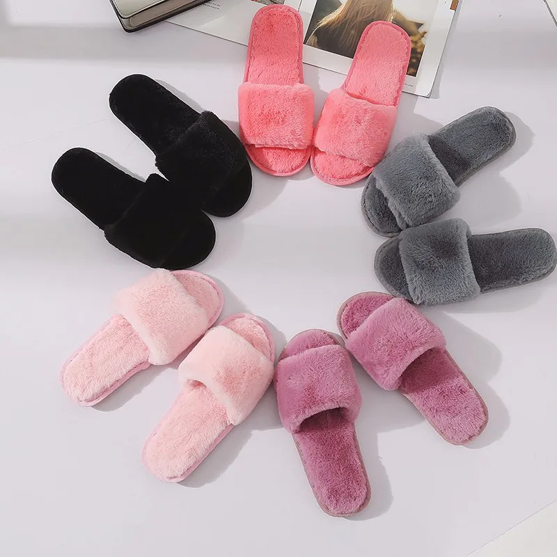Wholesale Sublimation Blank Open Toe Fur Lined Slippers New Home Indoor Bedroom Women Faux Furry Fur Slides Slippers