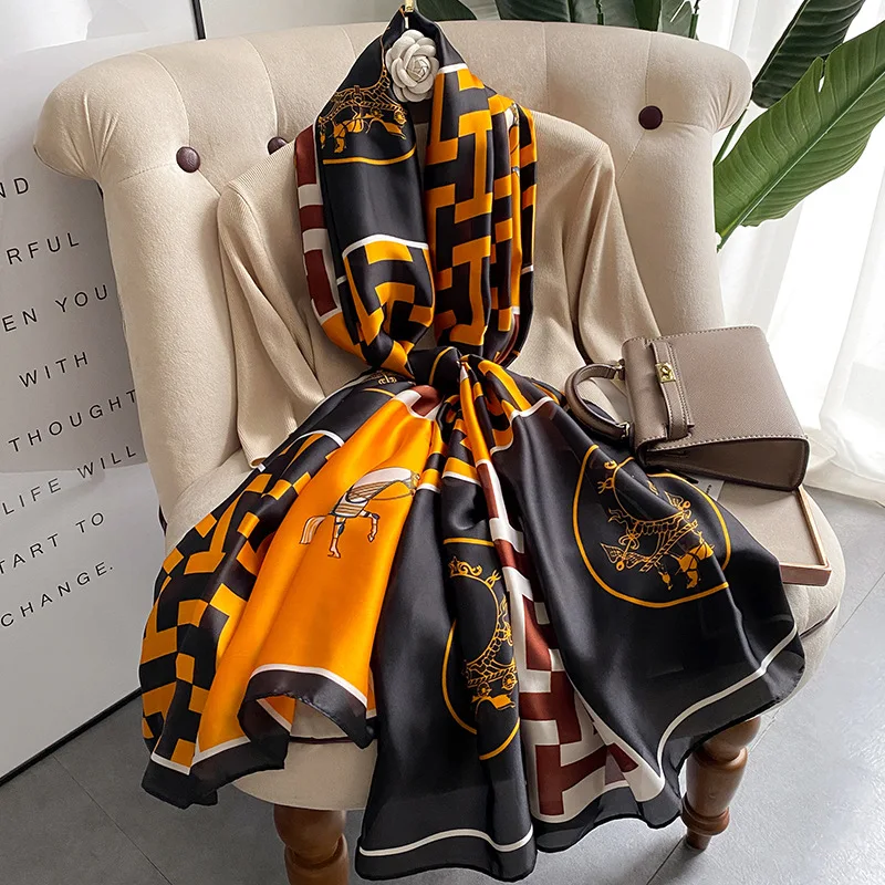 2022 Luxury Designer High Quality Large Silk Satin Shawl Beach Scarfs Hijab Long Horse Carriage Silk Scarf