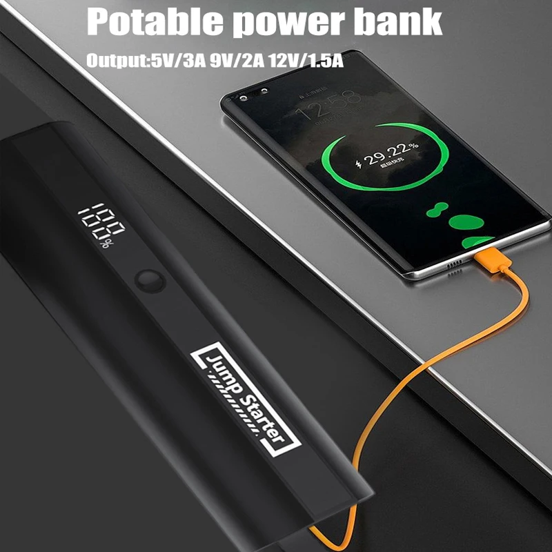 Portable 10000mAh Power Bank Car Emergency Jump Starter with LED Light Use Truck Motorcycle Passenger Car USB-C Charging Output