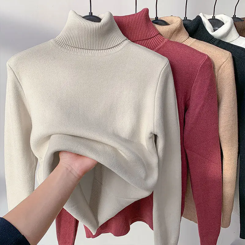 Winter Turtleneck Sweater Women Keep Warm Fleece Lined Knitted Pullovers Korean Fashion Velvet Basic Slim Knitwear Jumper Tops