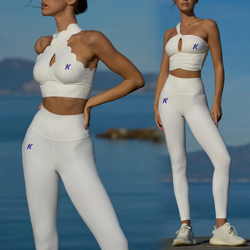 white halter neck two piece sport bra gym fitness leggings suits sport outfit female active wear 2024 custom yoga set for woman