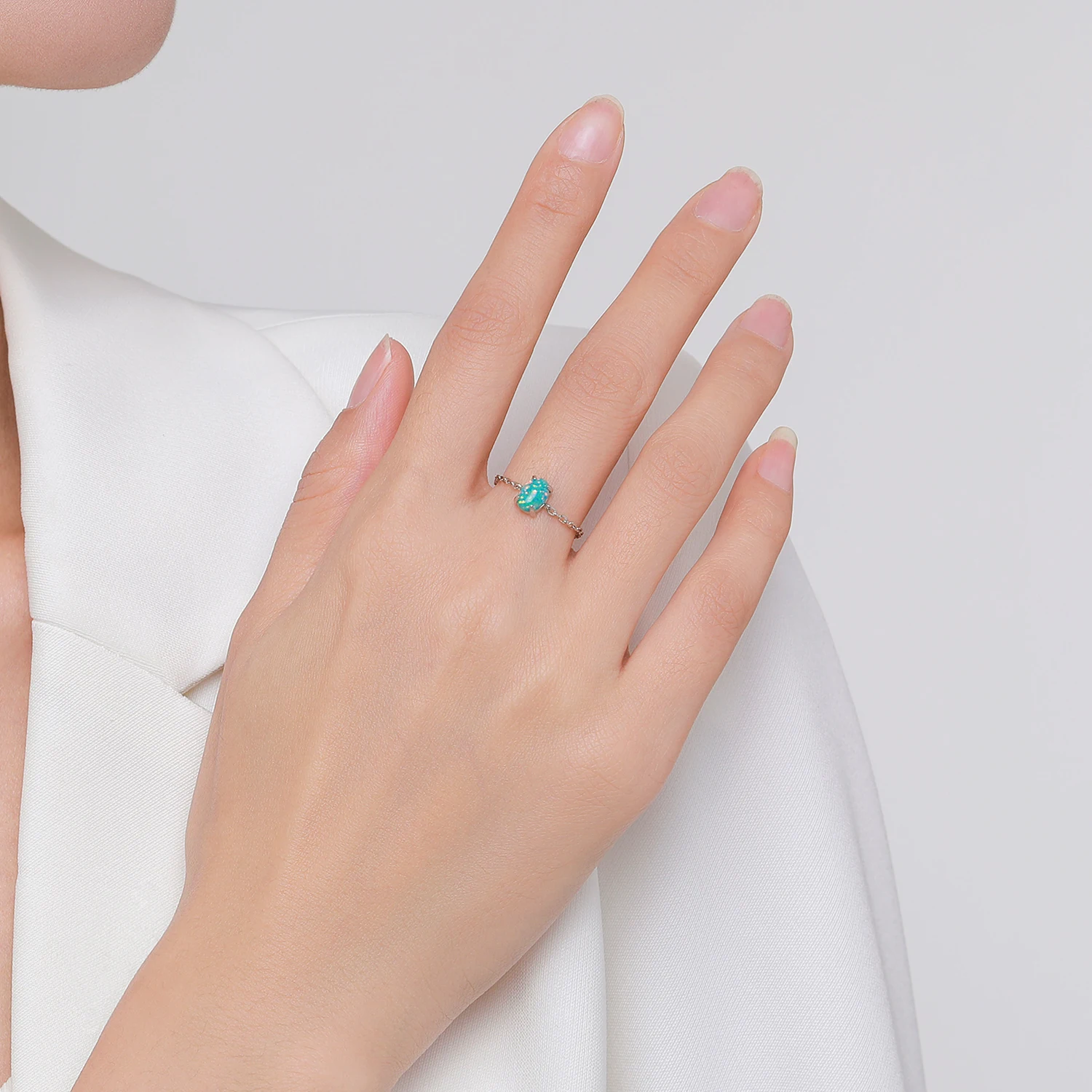 925 Sterling Silver Fine Jewelry Daily Accessories Fashion Oval Lake Blue Opals Adjustable Link Chain Rings For Women