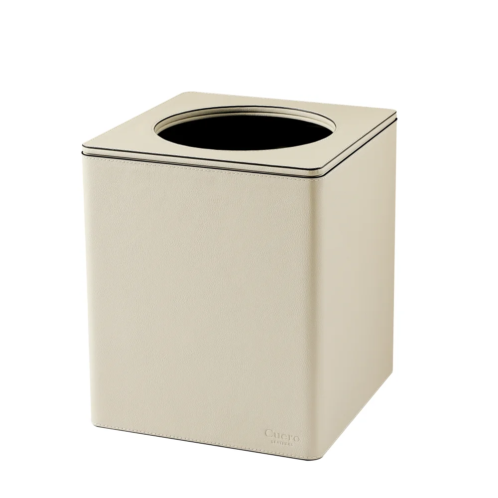Custom Square Garbage Can Luxury Leather Trash Can with Lid and Metal Inner Layer Hotel Room Leather Garbage Bin