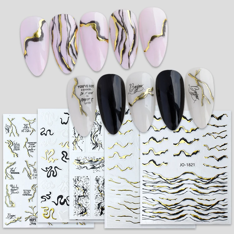 100% New Abstract Wave Line Strip Style Decal Bronzing Gold Marbling 3D Self-Adhesive French Nail Art Sticker