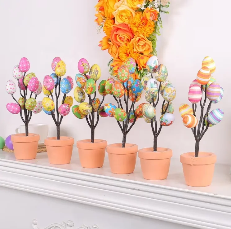 2025 DIY Table Decoration Cartoon Printed Easter Egg Simulation Easter Egg Pot & Tree Shape for Holidays & Parties