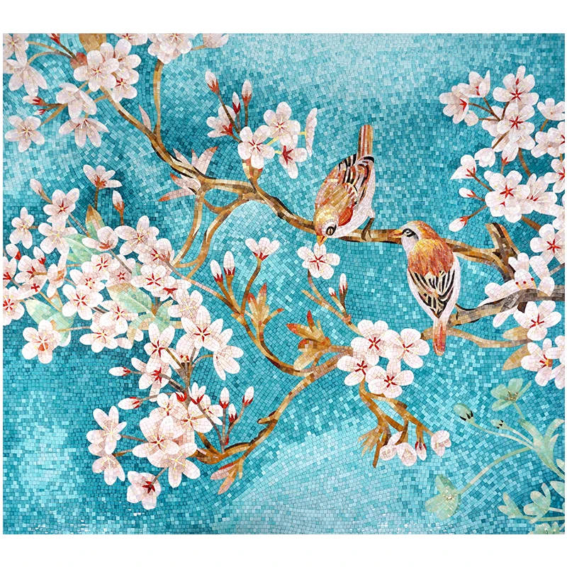 Hand Made Flower and Birds Pattern Art Design Glass Mural Mosaic Picture Decorative Tiles for Wall