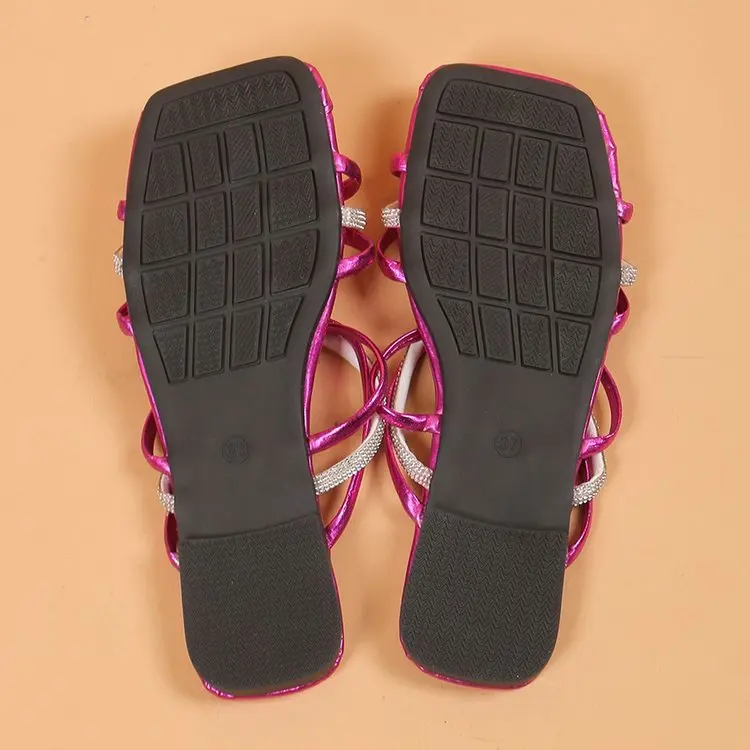 Liu Ming New Products Designer 2024 Wholesale Summer Casual Comfortable Crystal Solid Color Square Toe Flats Slippers Sandals