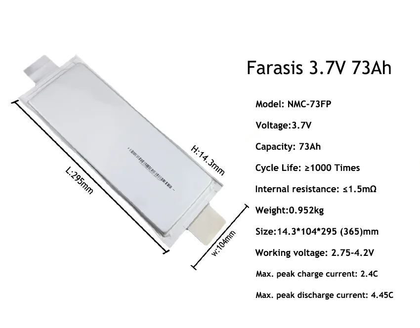Farasis High Capacity 3.7V 73ah 76ah Polymer Lithium Ion Pouch Cell Solar Energy Storage Systems Electric Bicycles/Scooters