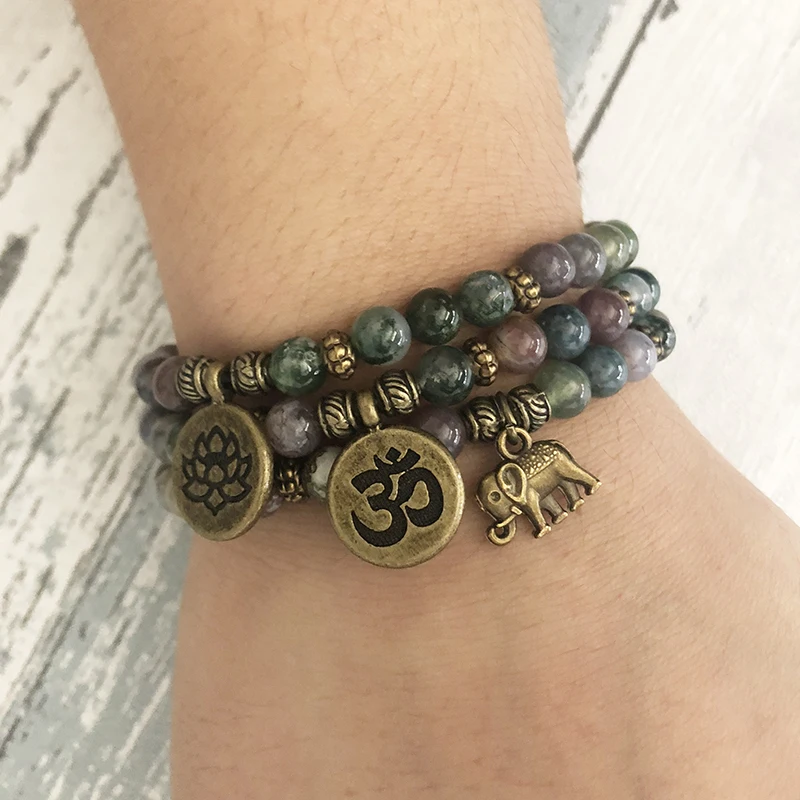 6MM India Agate Stone Beaded OM Lotus Elephant bracelet Mala Bracelets Yoga Reiki Bracelet