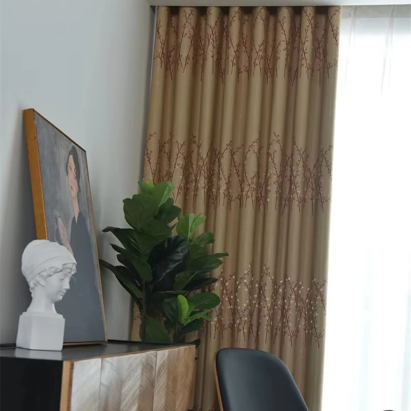 Hot Sale Thick Red Color Twigs Blackout Curtain Fabric Polyester Jacquard High Shading Curtains Fabric For Window to Decor