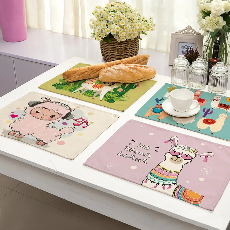 
Cartoon cute alpaca animal printed cotton and linen cloth western place mat 
