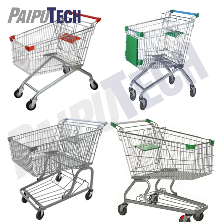 Factory Custom Wholesale Hand Push Supermarket Metal Trolley Foldable Shopping Cart 4 Wheels