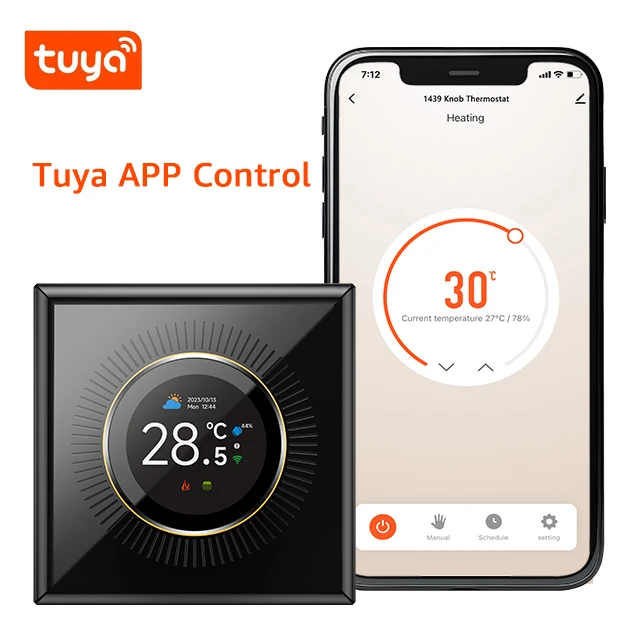 Two-way  Knob Thermostat for Electric Heating/Gas Boilers, Remote Voice Control Wifi Temperature Controller with  knob screen