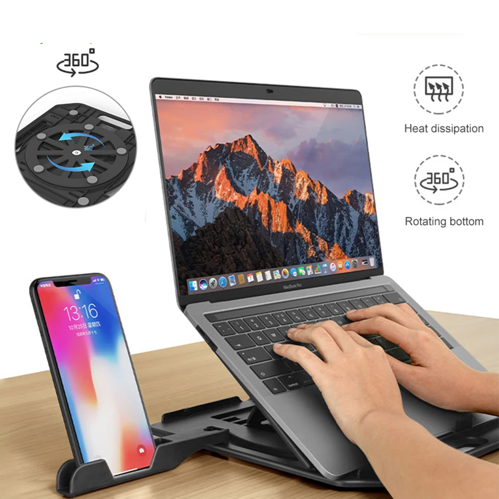 Height Adjustment Laptop Stand For Macbook Pro Notebook Support 360 Degree Rotating Bottom Computer Stand with phone holder