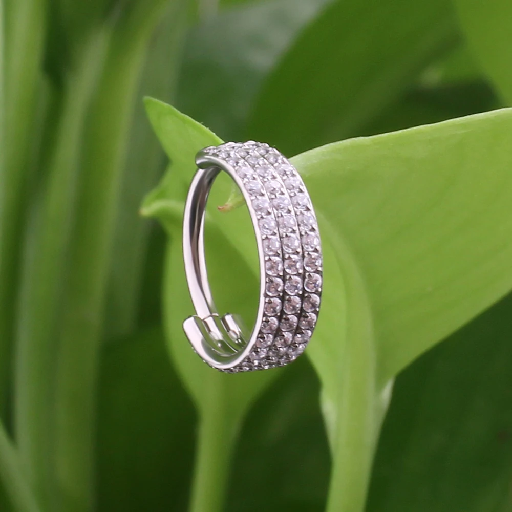 Titanium ASTM F136 Implant Grade Prong Setting Triple Layered CZ Paved Conch Piercing Hinged Segment Hoop Clickers