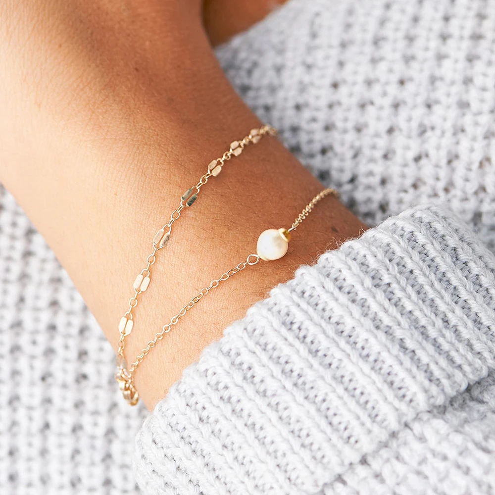Multi-layered 14K Gold Shell Pearl Chain Thin Lip Chain Bracelets 316L Stainless Steel Jewelry Women Hands Jewel