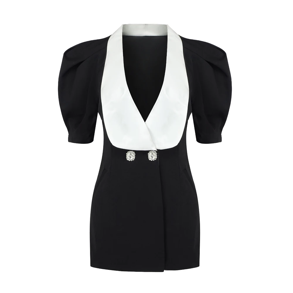 Elegant Black Evening Dress With White Large Collar Backless Ruffle Sleeve Casual Party Dress Women 2023