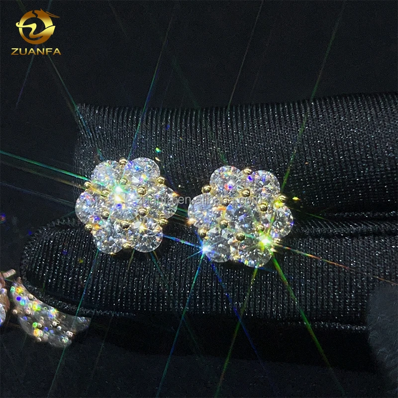 Zuanfa Popular Pass Diamond Tester Fine Jewelry 925 Silver 8mm 12mm 15mm Flower Earrings VVS Moissanite Stud Earrings