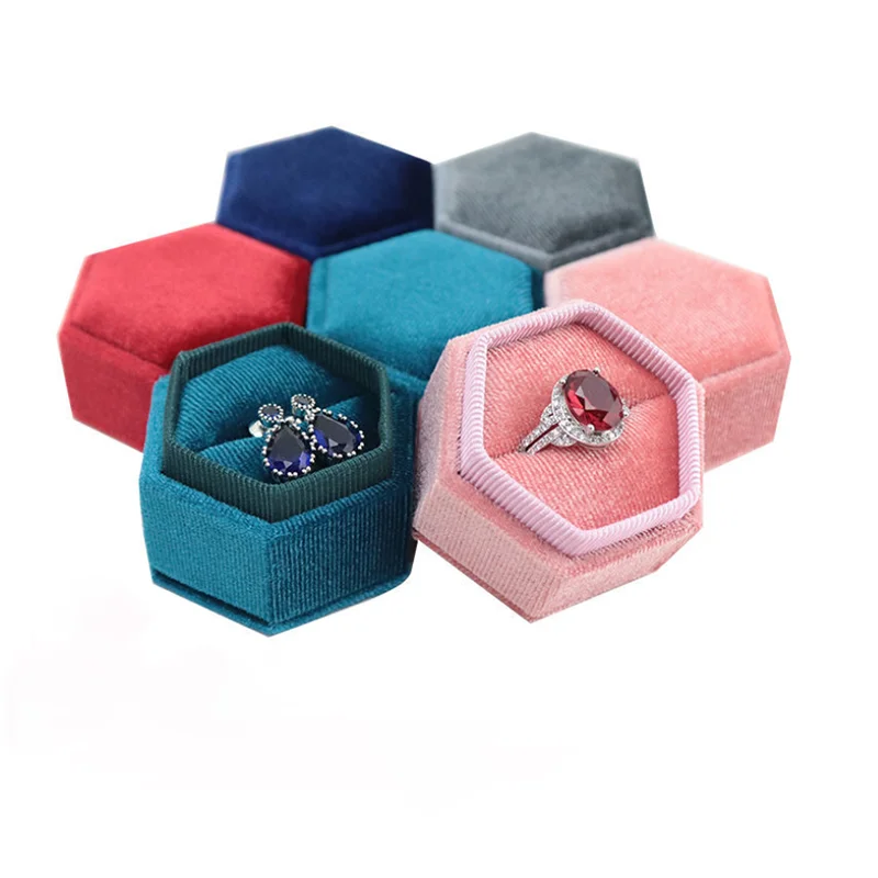 Cheap Hot Sale Pink Luxury Jewelry Packaging Pendant Boxes Vintage Hexagon Wedding Custom Logo Velvet Necklace Ring Box