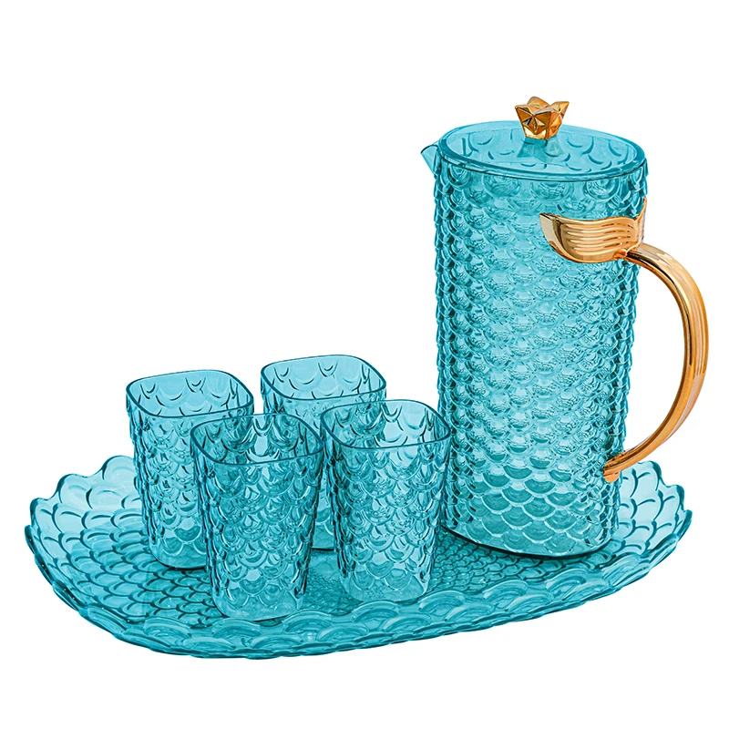 Custom Logo  PS Plastic Fish Scale Kettle Sst Orange Transparent Drinkware Water Jug Set With 4 Cup And Tray Acrylic Pitcher