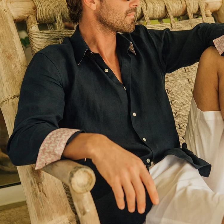 Custom High Quality Mens Shirts Summer Designer Oversized Long Sleeve Slim Beach Casual Black Men Pure Linen Shirt