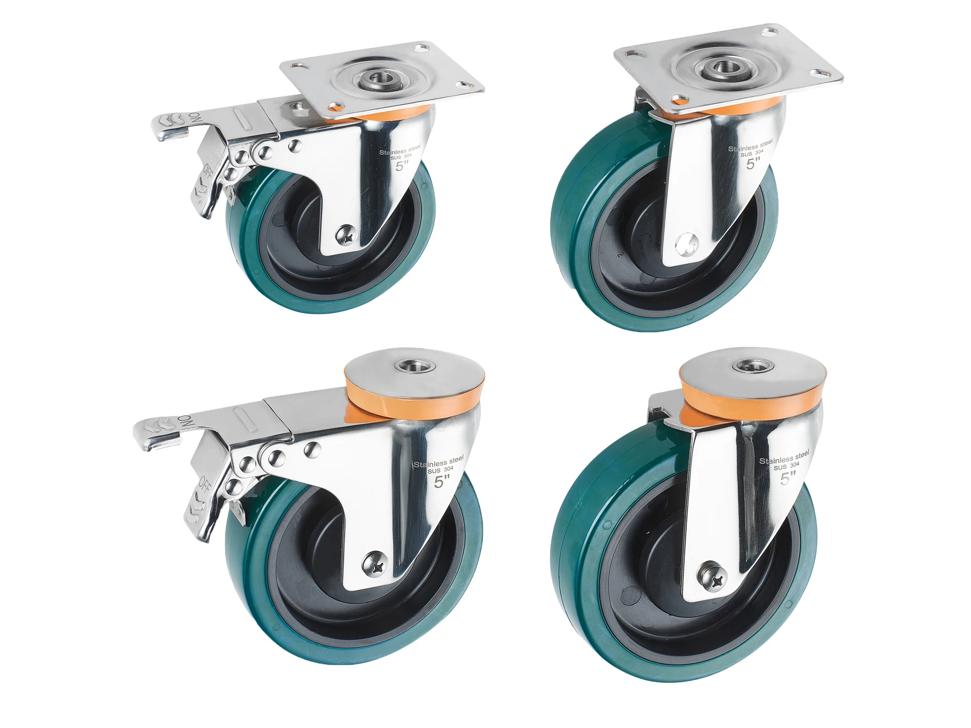 Wholesale stainless steel caster green pu wheels 3/4/5 inch universal fixed caster wheel