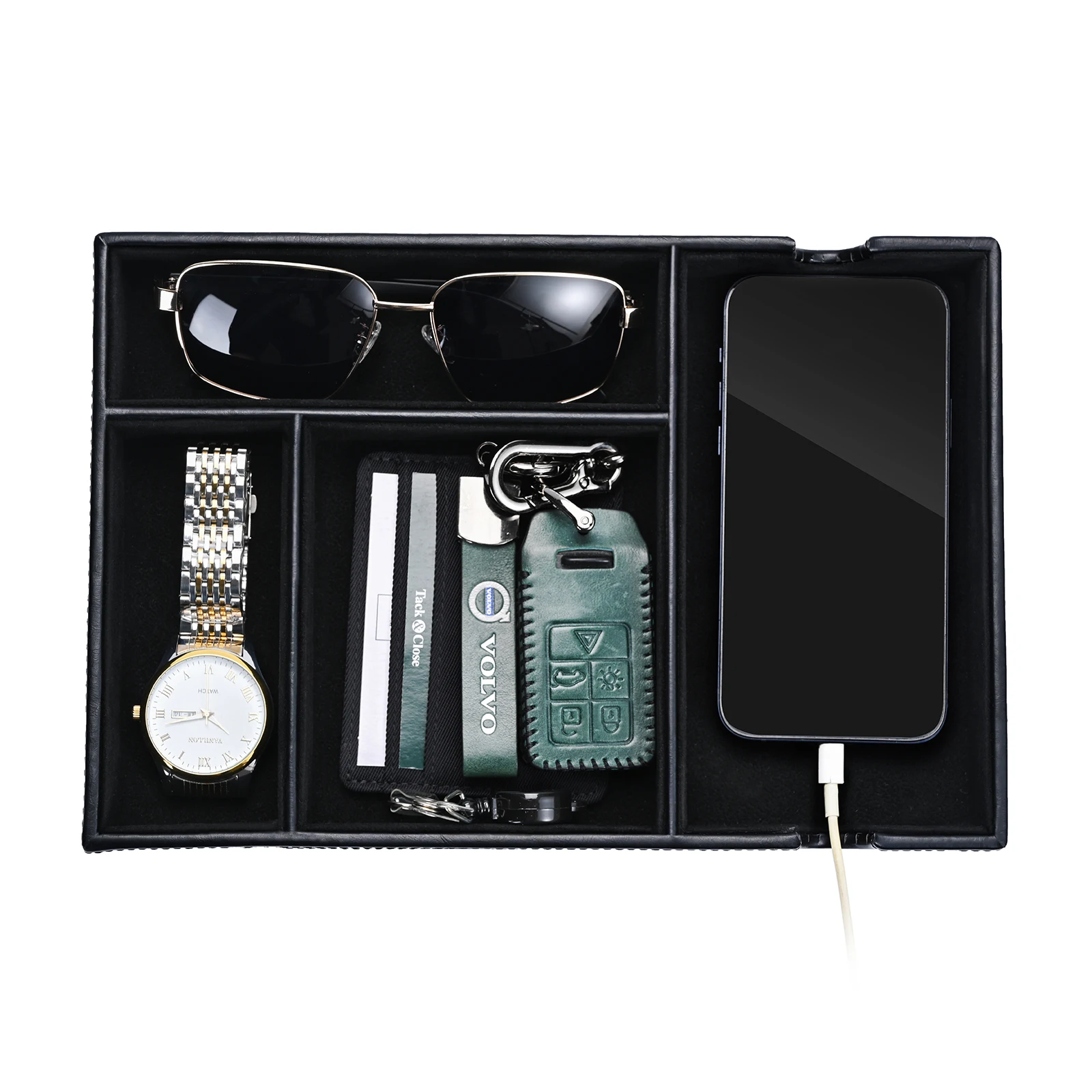 High End Catchall Collection Men Accessories Valet Tray Men Jewelry Keys Watch Organizer Table PU Leather Storage Tray
