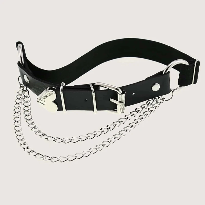 Simple Women PU leather Sexy Thigh Garter Belts Elastic Adjustable Punk Leg Ring With Double Layer Silver Metal Chains