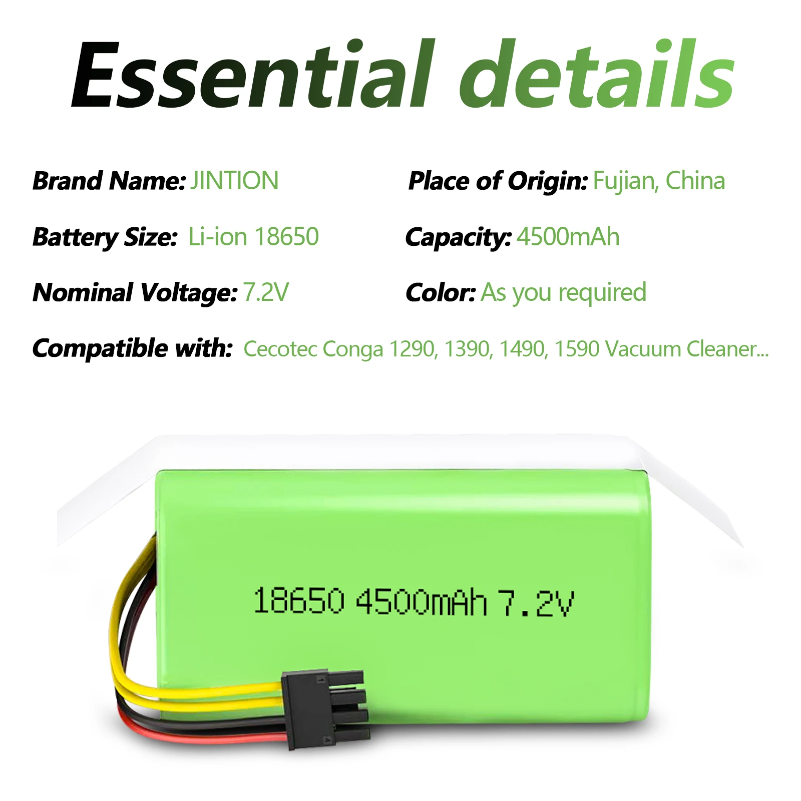 JINTION 18650 4500mAh 7.2V 18650 battery cell For Cecotec Conga 1290, 1390, 1490, 1590 Staubsauger