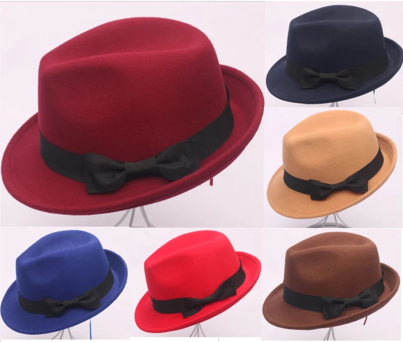 
Women Men Felt Fedora Trilby Jazz Hat Gangster Cap Short Brim felt fedora hat cap with Black bowknot Ribbon Band 