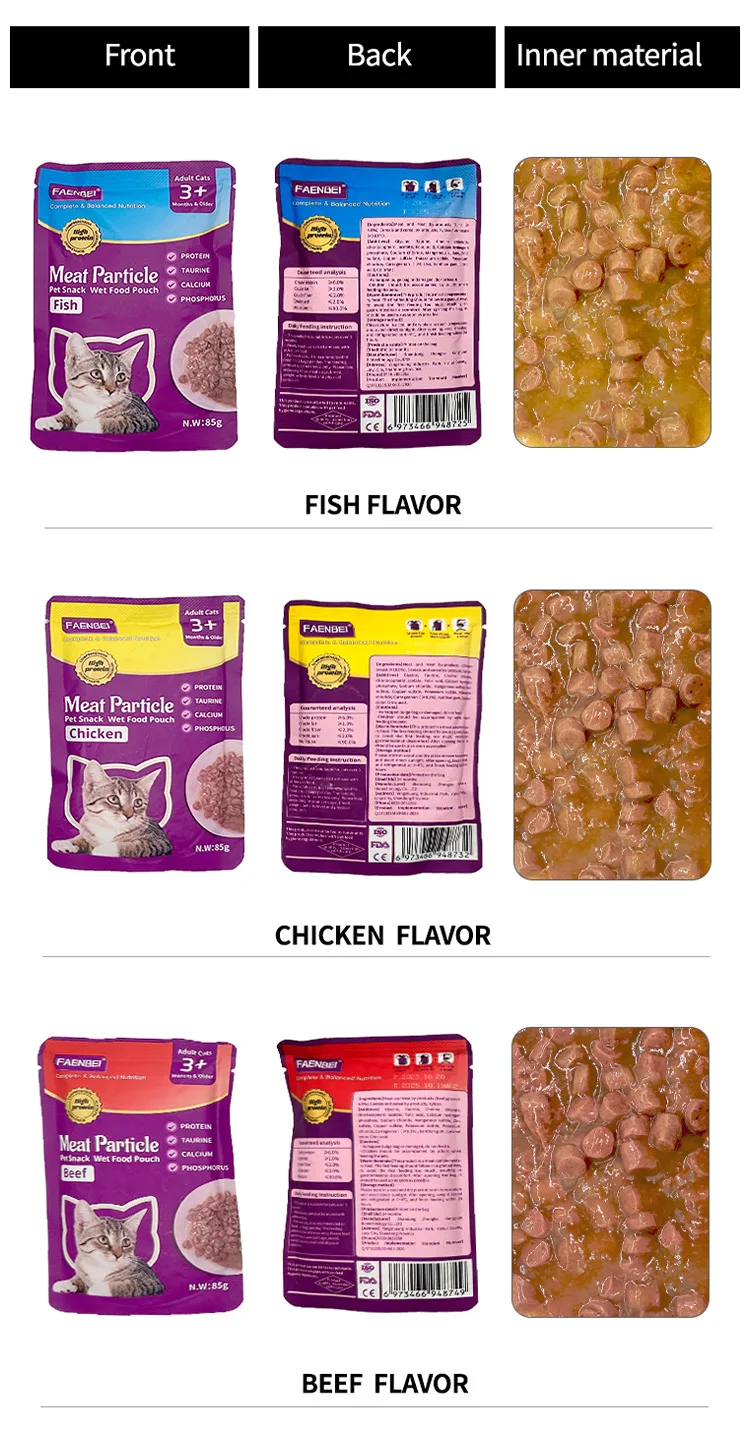 Premium Quality Wet Cat Food Beef Chicken Fish Granule Form Snack Meat Cats Premium Packaging Beef Chicken Fish Wet Cat Snacks