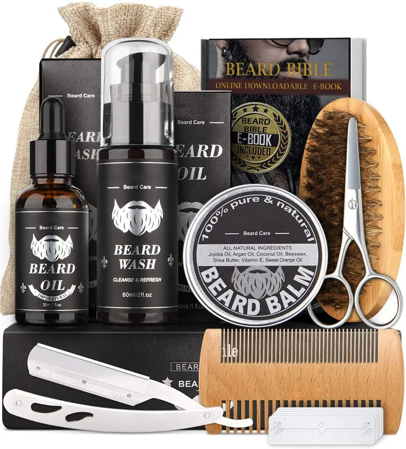 Customize LOGO for 100Pcs Private Label Custom Mens Beard Care Set Gift Grooming Beard Growth Kit Balm Brush Comb Beard Oil