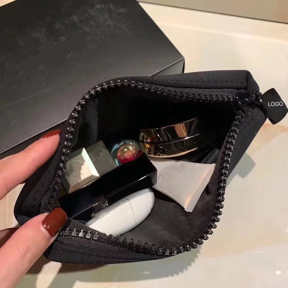 Hot selling Fashion Custom Logo Small Black Neoprene Toiletry Cosmetic Pouch Makeup Toilet Bags