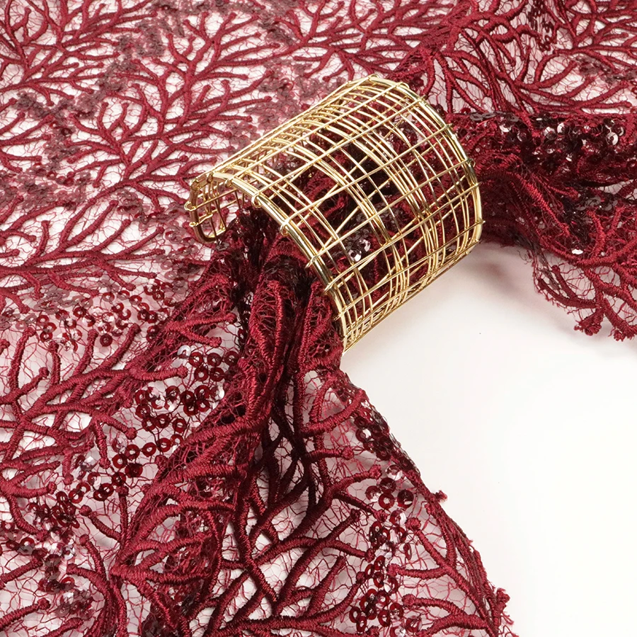Luxury Red 4mm Transparent Spangle Embroidery Lace Spider Mesh Cup Sequin Fabric for  Wedding and  Evening Party Dress
