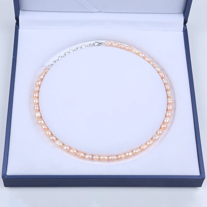 Simple Design  Wholesale Rice Bead Necklace 5-6mm Fresh Water Real Pearl Natural Pink