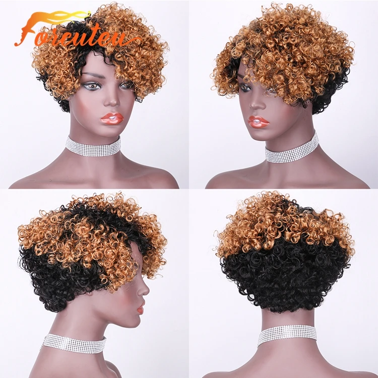 Unprocessed Brazilian 7 inch Short Kinky Curly Bangs Ombre Blonde No Lace Cuticle Aligend Virgin Human Hair Wig For Black Women